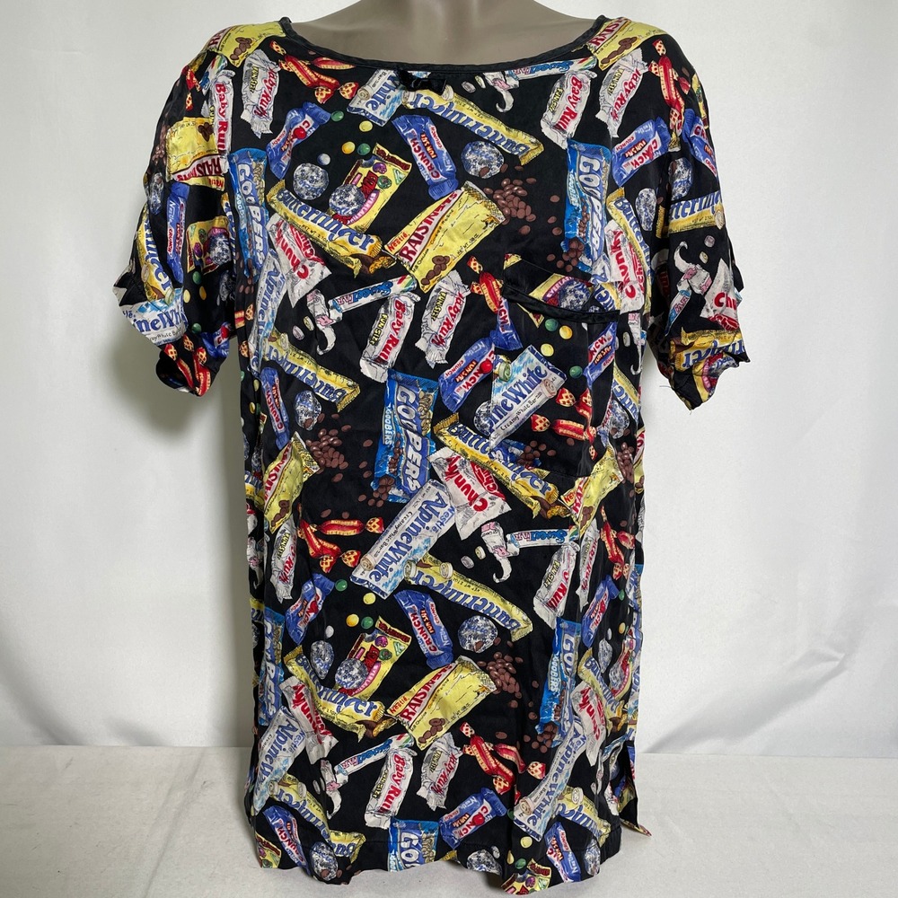 VTG Nicole Miller 100% Silk Chocolate Candy Bars Black Sleep Shirt Women's SMALL